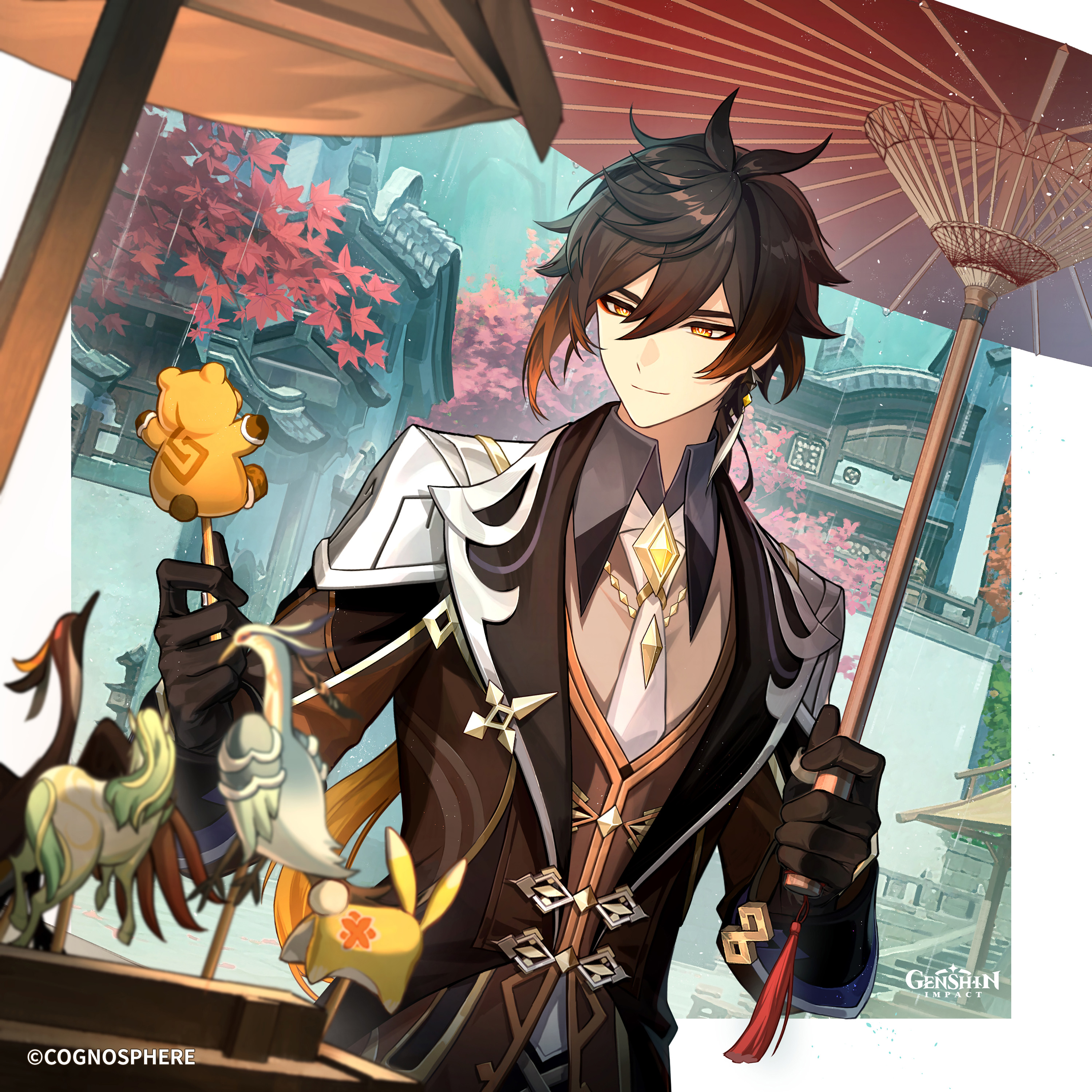 guoba (genshin impact), yuegui (genshin impact), zhongli (genshin impact), genshin impact, absurdres, commentary, english commentary, highres, official art, 1boy, autumn leaves, black gloves, brooch, brown coat, brown eyes, brown hair, closed mouth, coat, gloves, hair between eyes, holding, holding umbrella, jewelry, leaf, long hair, long sleeves, male focus, oil-paper umbrella, outdoors, solo, tassel, umbrella, upper body, very long hair, yellow eyes