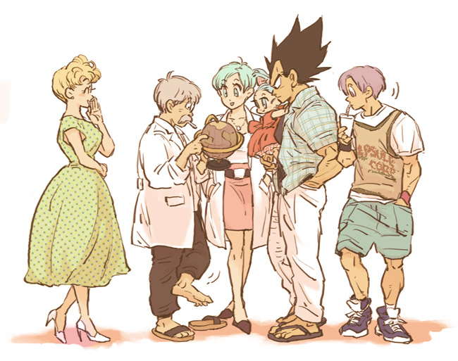 amepati, bikini (dragon ball), bra (dragon ball), bulma, dr. brief (dragon ball), dr. briefs, panchy, trunks (dragon ball), vegeta, dragon ball, dragonball z, shueisha, bad id, bad pixiv id, 3boys, 3girls, age difference, baby, belt, blonde hair, blue eyes, blue hair, child, dress, drink, drinking, facial hair, family, family bonding, father and daughter, father and son, glasses, globe, grandfather and granddaughter, grandfather and grandson, grandmother and granddaughter, grandmother and grandson, grey hair, hands in pockets, high heels, holding in arms, husband and wife, jewelry, lab coat, mature female, miniskirt, mother and daughter, mother and son, motion lines, multiple boys, multiple girls, muscular, mustache, pants, pendant, polka dot, polka dot dress, purple hair, sandals, scratching, scratching with foot, shirt, shoes, short hair, shorts, siblings, simple background, skirt, smile, sneakers, spiked hair, standing, t-shirt, white background
