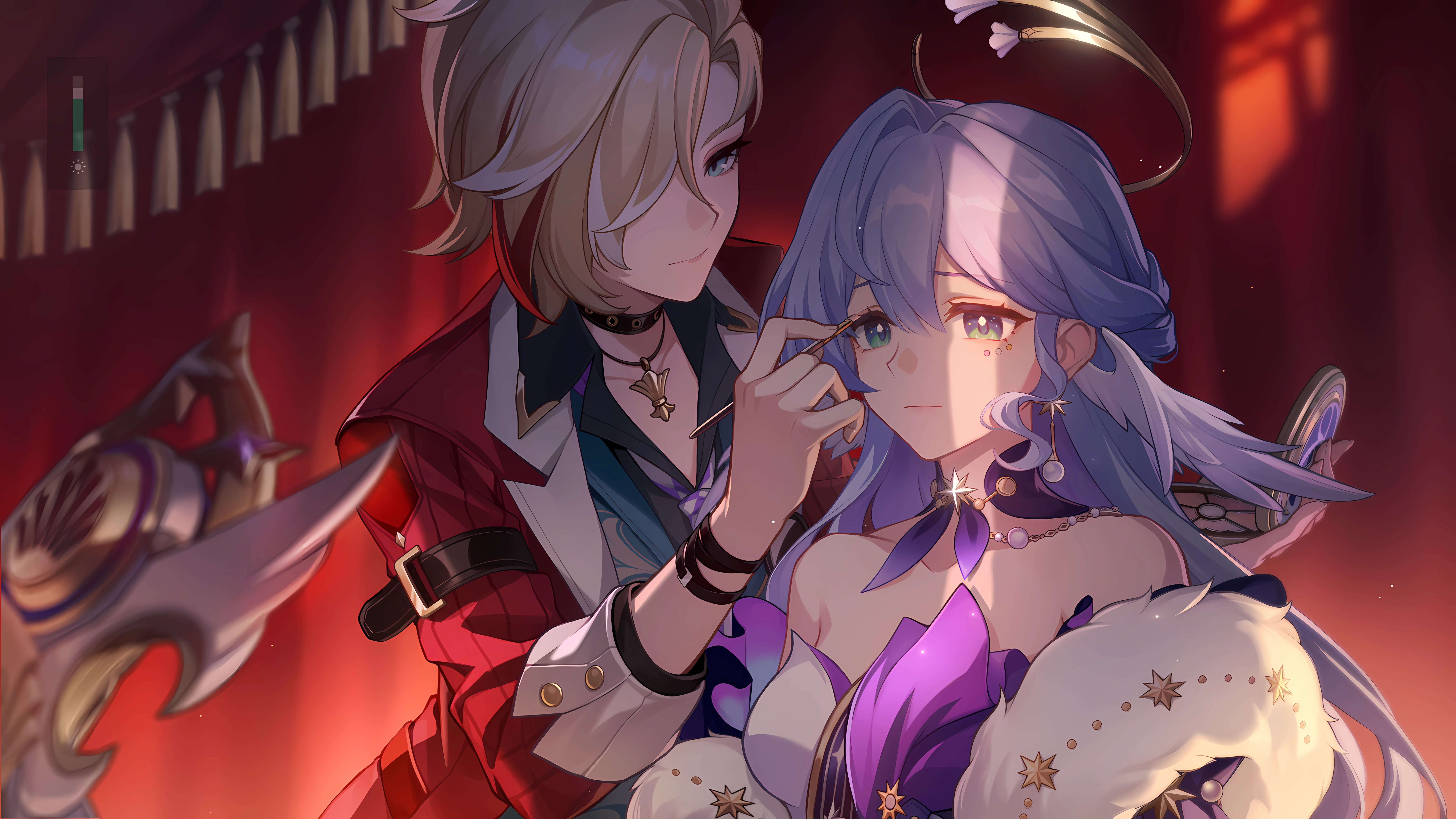 robin (honkai: star rail), siobhan (honkai: star rail), honkai: star rail, honkai (series), absurdres, bad link, game cg, highres, official art, 2girls, applying another's makeup, applying makeup, arm belt, bare shoulders, belt, black belt, black choker, black shirt, blonde hair, blue hair, bracelet, choker, detached collar, dress, earrings, facial mark, feather boa, green eyes, green vest, hair over one eye, head wings, holding, holding brush, indoors, jacket, jewelry, long hair, looking at another, multicolored hair, multiple girls, necklace, purple dress, red hair, red jacket, shirt, short hair, streaked hair, two-tone dress, vest, white dress, white hair, white wings, wings