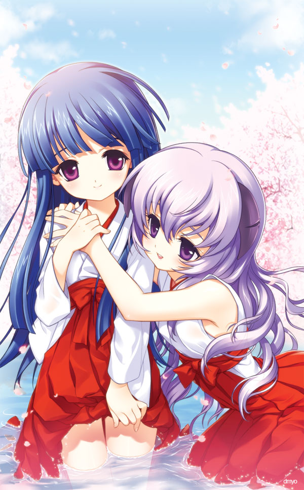 shirahane nao, furude rika, hanyuu, higurashi no naku koro ni, light purple hair, bad id, bad pixiv id, 00s, 2girls, blue hair, blunt bangs, blush, cherry blossoms, clothes lift, dress, hakama, hakama skirt, hime cut, horns, hug, japanese clothes, legs, long hair, miko, multiple girls, purple eyes, purple hair, red hakama, skirt, skirt lift, sleeveless, smile, standing, water