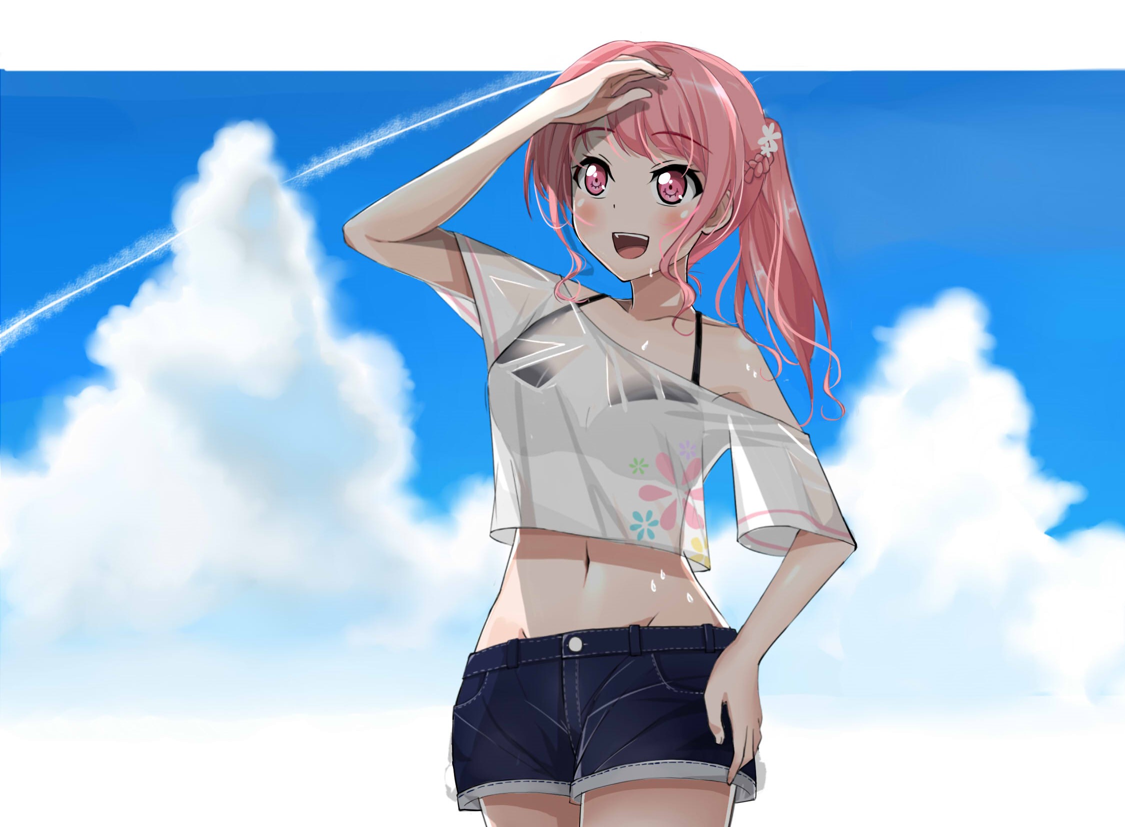 yeongming, maruyama aya, bang dream!, highres, revision, 1girl, :d, alternate hairstyle, bare shoulders, bikini, bikini top only, black bikini, blue sky, blush, braid, cloud, collarbone, cowboy shot, day, denim, denim shorts, floral print, groin, hair between eyes, hair ribbon, hand on own hip, long hair, looking up, midriff, navel, off-shoulder shirt, off shoulder, open mouth, pink eyes, pink hair, ponytail, ribbon, see-through clothes, shadow, shirt, short shorts, short sleeves, shorts, sidelocks, sky, smile, solo, standing, sweat, swimsuit, teeth, upper teeth only, wet, wet clothes, wet shirt, white ribbon, white shirt