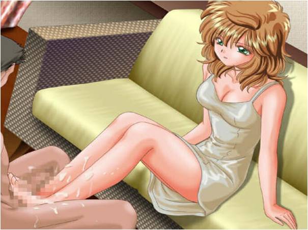 barefoot, couch, curly hair, dress, feet, footjob, green dress, penis