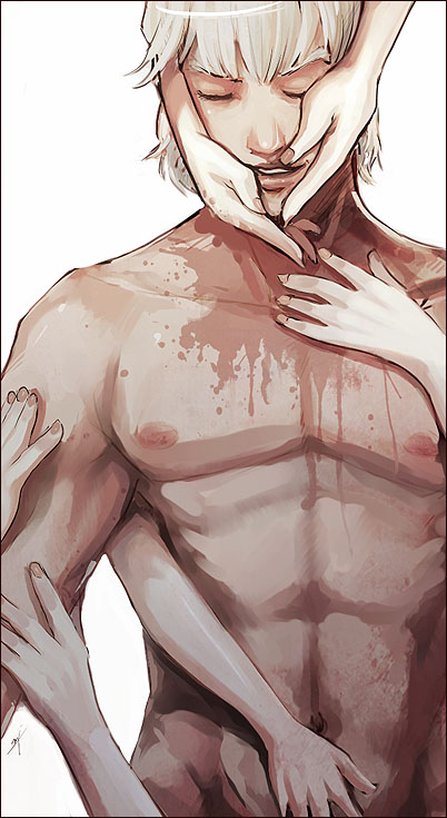 tagme, blood, male focus, nude, white hair