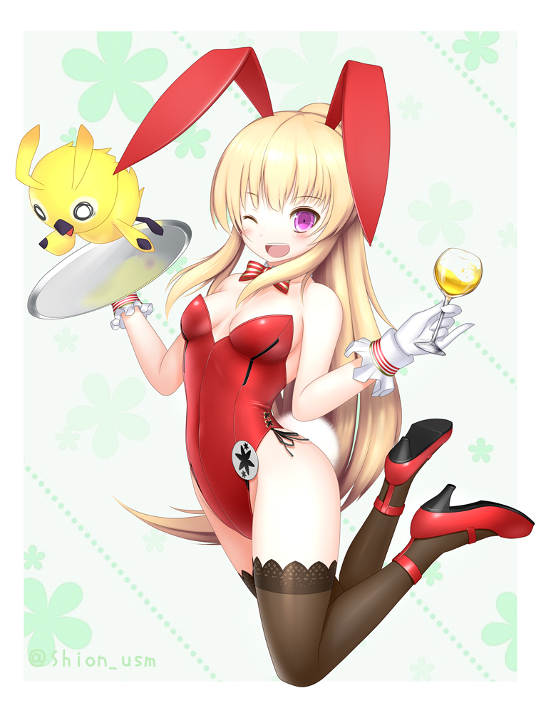 shion (shion usm), phantasy star, phantasy star online 2, character request, revision, 1girl, ;d, animal ears, bow, bowtie, cup, detached collar, drinking glass, gloves, long hair, one eye closed, open mouth, playboy bunny, rabbit ears, rabbit tail, smile, tail, thighhighs, tray, white gloves, wine glass