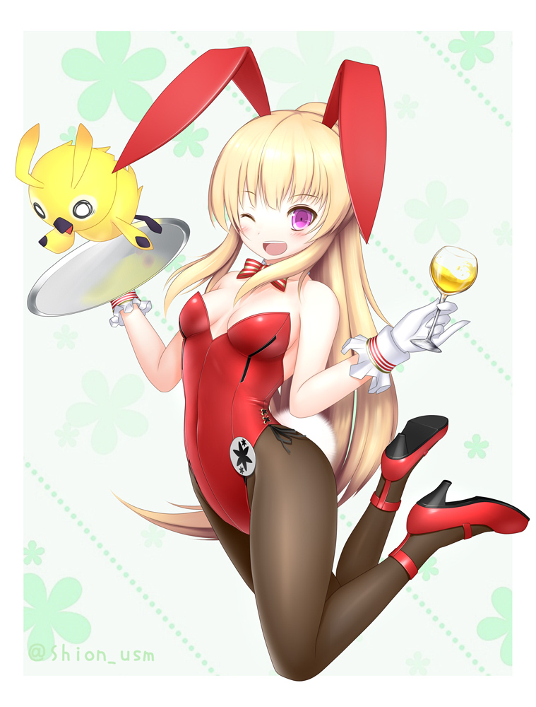 shion (shion usm), phantasy star, phantasy star online 2, character request, md5 mismatch, resolution mismatch, revision, source larger, 1girl, ;d, animal ears, bow, bowtie, cup, detached collar, drinking glass, gloves, long hair, one eye closed, open mouth, pantyhose, playboy bunny, rabbit ears, rabbit tail, smile, tail, tray, white gloves, wine glass