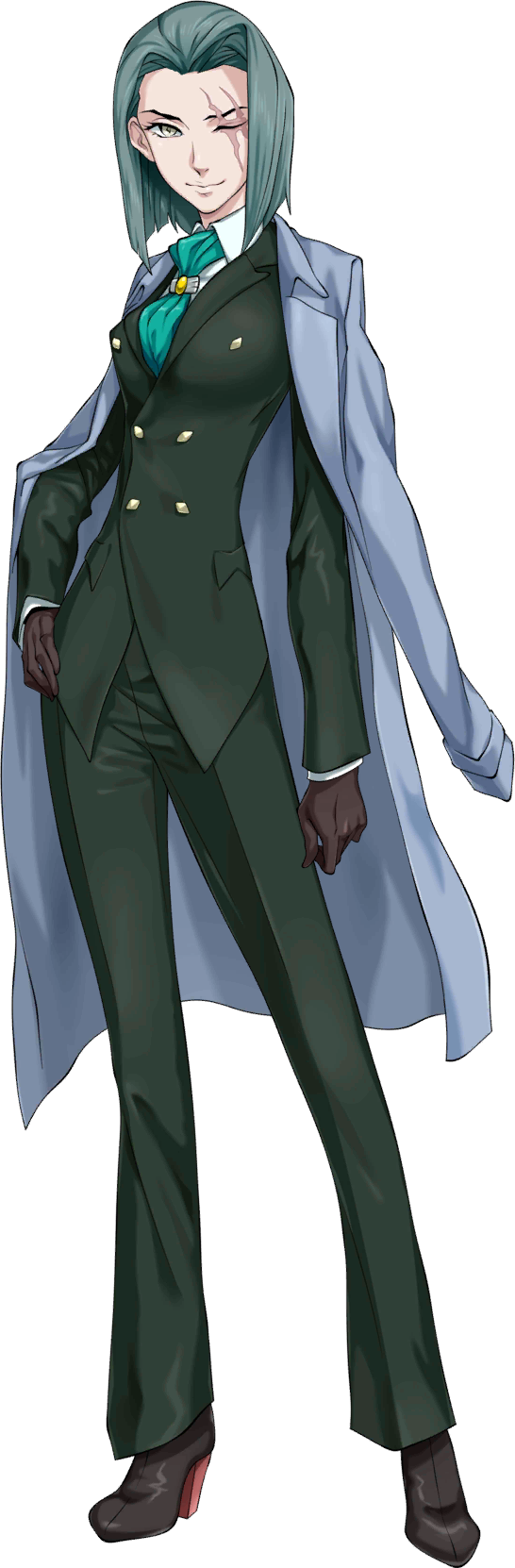 iwamoto tatsurou, shin megami tensei, shin megami tensei: liberation dx2, highres, official art, third-party source, 1girl, ascot, breasts, buttons, closed mouth, coat, coat on shoulders, double-breasted, full body, gloves, green hair, hand on own hip, high heels, lindsay altskan, one eye closed, scar, scar across eye, scar on face, simple background, solo, standing, transparent background