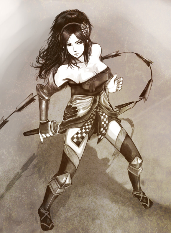 ddo yrok, kai (sengoku musou), sengoku musou, sengoku musou 3, 1girl, bare shoulders, breasts, cleavage, female focus, full body, gauntlets, hair ornament, hairband, large breasts, long hair, monochrome, solo, sword, thighhighs, weapon