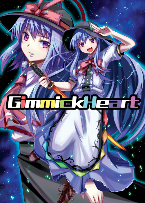 akiyasu, hinanawi tenshi, nagae iku, touhou, 2girls, blue hair, female focus, food, fruit, hat, long hair, multiple girls, peach, purple hair, red eyes, short hair, sword, sword of hisou, weapon