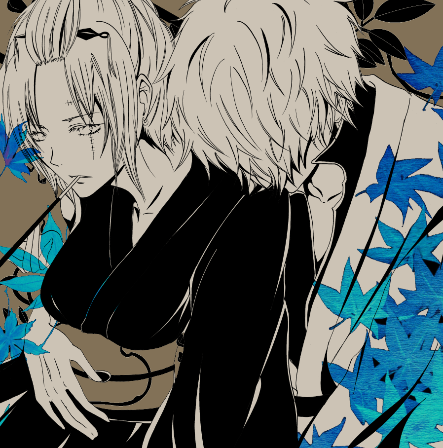 chieros, sakata gintoki, tsukuyo, tsukuyo (gintama), gintama, 00s, 1boy, 1girl, couple, flat color, head on another's shoulder, head rest, hetero, hug, hug from behind, japanese clothes, kiseru, leaf, scar, smoking pipe, spot color