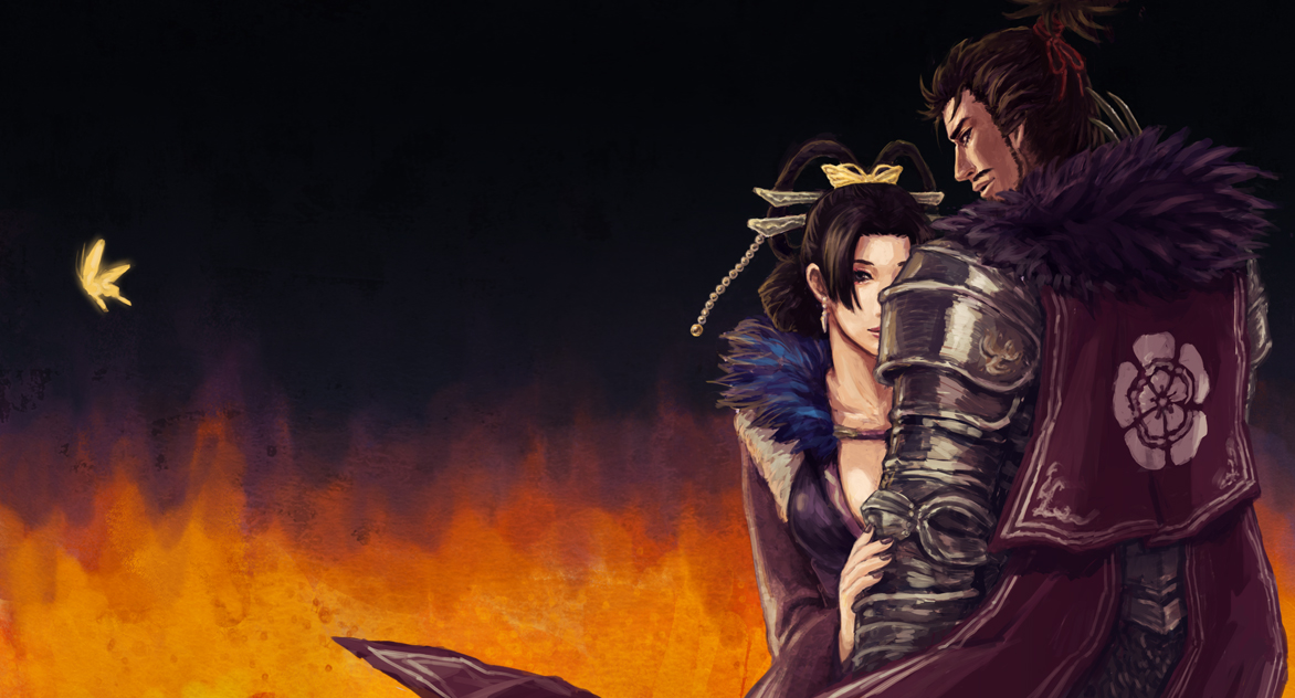 chenpn, no (sengoku musou), oda nobunaga (sengoku musou), sengoku musou, 1boy, 1girl, armor, black hair, cape, couple, dress, earrings, hair ornament, husband and wife, jewelry, long hair, looking back, ponytail