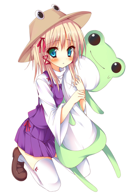 huei nazuki, moriya suwako, touhou, revision, 1girl, blonde hair, blue eyes, blush, frog, full body, hat, hug, kneeling, loafers, looking at viewer, shoes, short hair, simple background, solo, stuffed animal, stuffed frog, stuffed toy, tears, thighhighs, white background, white thighhighs, zettai ryouiki