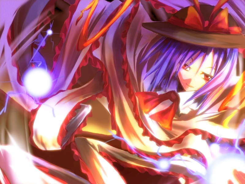 sorano eika, nagae iku, touhou, 1girl, female focus, hat, purple hair, red eyes, short hair, solo