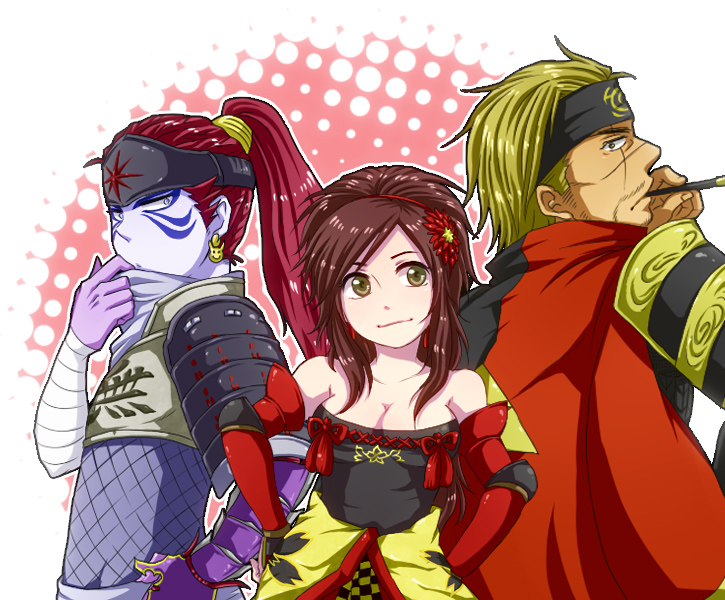 batako (artist), fuma kotaro (sengoku musou), hojo ujiyasu (sengoku musou), kai (sengoku musou), sengoku musou, sengoku musou 3, armor, bare shoulders, blonde hair, breasts, brown eyes, brown hair, cleavage, colored skin, earrings, gauntlets, hairband, hands on own hips, headband, jewelry, large breasts, long hair, ponytail, purple skin, red hair, short hair, smoking pipe