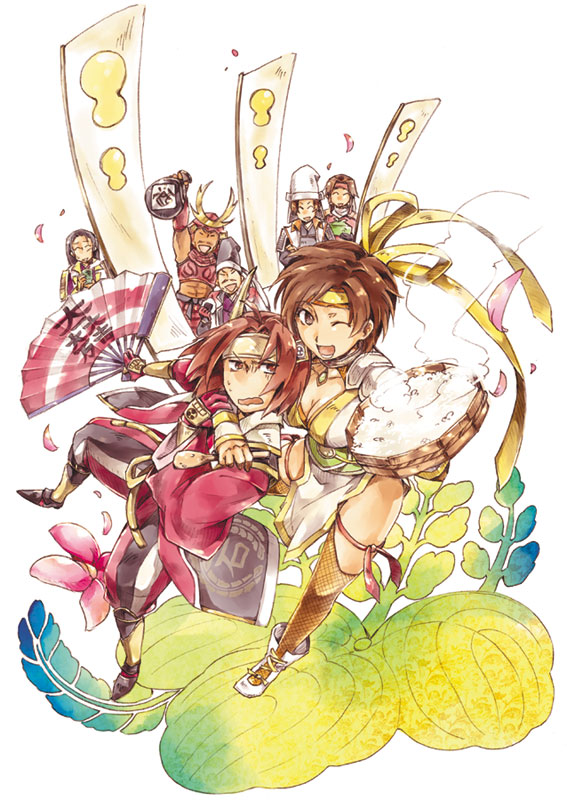 onion (pixiv57587), ishida mitsunari (sengoku musou), naoe kanetsugu (sengoku musou), nene (sengoku musou), sanada yukimura (sengoku musou), shima sakon (sengoku musou), sengoku musou, sengoku musou 2, bowl, breasts, brown eyes, brown hair, cleavage, hand fan, headband, jewelry, necklace, one eye closed, open mouth, red hair, rice, rice bowl, short hair, wink