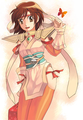 eriari, nene (sengoku musou), sengoku musou, sengoku musou 2, lowres, 1girl, brown eyes, brown hair, bug, butterfly, detached sleeves, female focus, gradient background, headband, insect, short hair, shoulder pads, solo, thighhighs