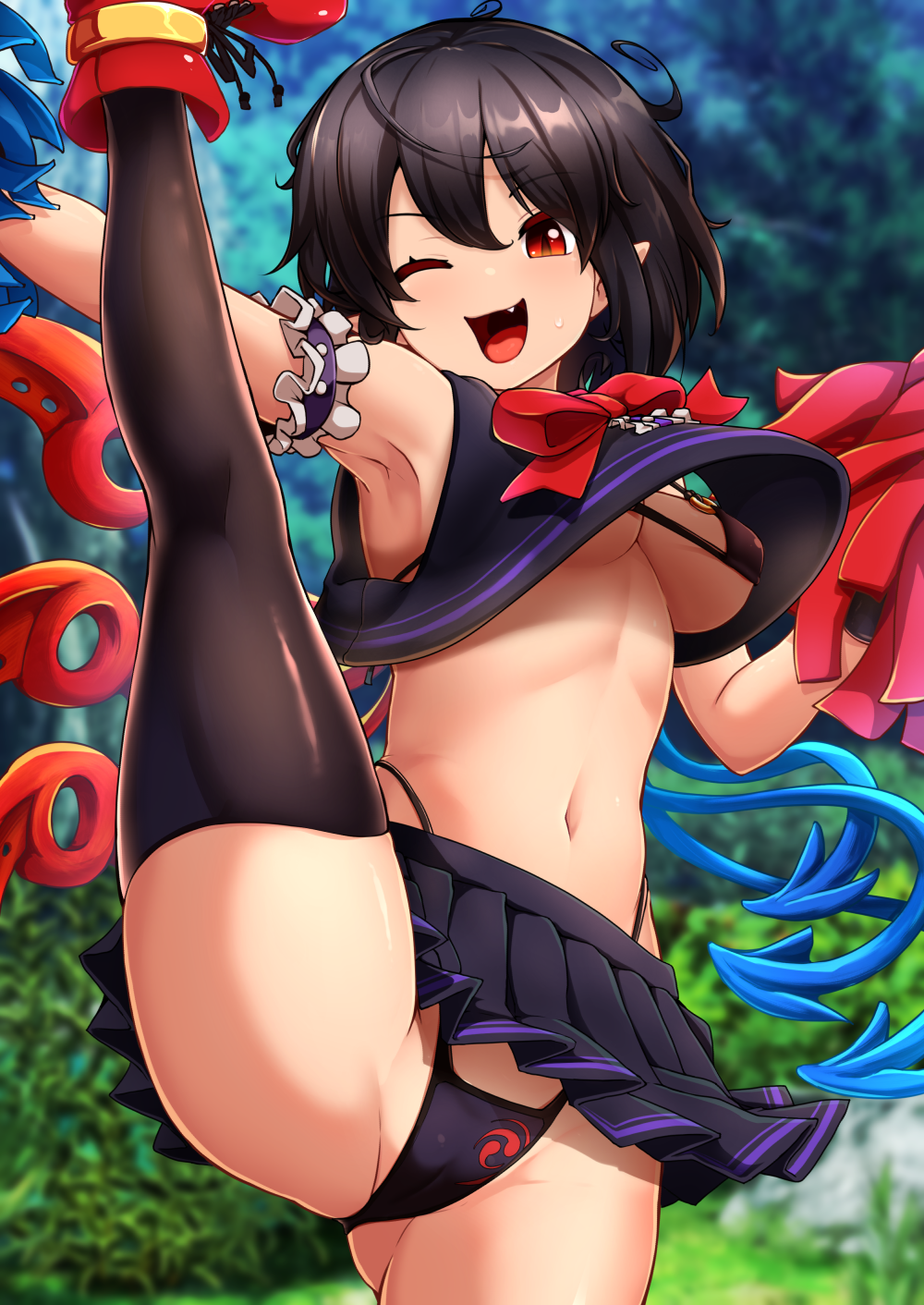 peso (cheese company), houjuu nue, touhou, commentary request, highres, large variant set, variant set, 1girl, :d, arm garter, armpits, asymmetrical wings, bikini, bikini under clothes, black bikini, black hair, black shirt, black skirt, black thighhighs, blue wings, blush, boots, bow, bowtie, breasts, center frills, crop top, foot out of frame, frills, holding, holding pom poms, looking at viewer, miniskirt, navel, open mouth, outdoors, pleated skirt, pointy ears, pom pom (cheerleading), pom poms, red boots, red bow, red bowtie, red eyes, red wings, shirt, short hair, skirt, sleeveless, sleeveless shirt, smile, solo, split, standing, standing on one leg, standing split, swimsuit, thighhighs, wings