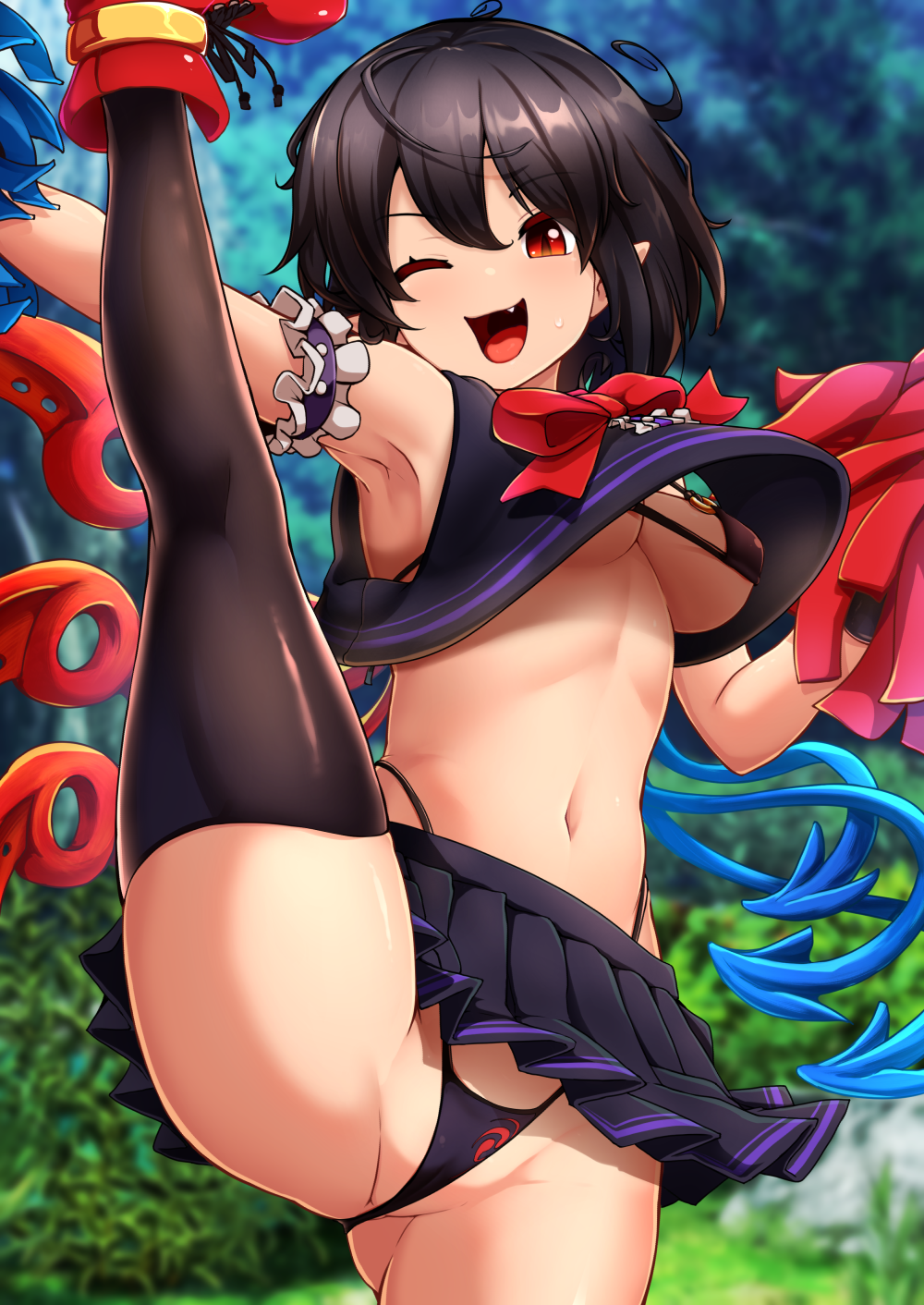 peso (cheese company), houjuu nue, touhou, commentary request, highres, large variant set, variant set, 1girl, :d, arm garter, armpits, asymmetrical wings, bikini, bikini under clothes, black bikini, black hair, black shirt, black skirt, black thighhighs, blue wings, blush, boots, bow, bowtie, breasts, center frills, crop top, foot out of frame, frills, holding, holding pom poms, looking at viewer, miniskirt, navel, one eye closed, open mouth, outdoors, pleated skirt, pointy ears, pom pom (cheerleading), pom poms, red boots, red bow, red bowtie, red eyes, red wings, shirt, short hair, skirt, sleeveless, sleeveless shirt, smile, solo, split, standing, standing on one leg, standing split, swimsuit, thighhighs, wings