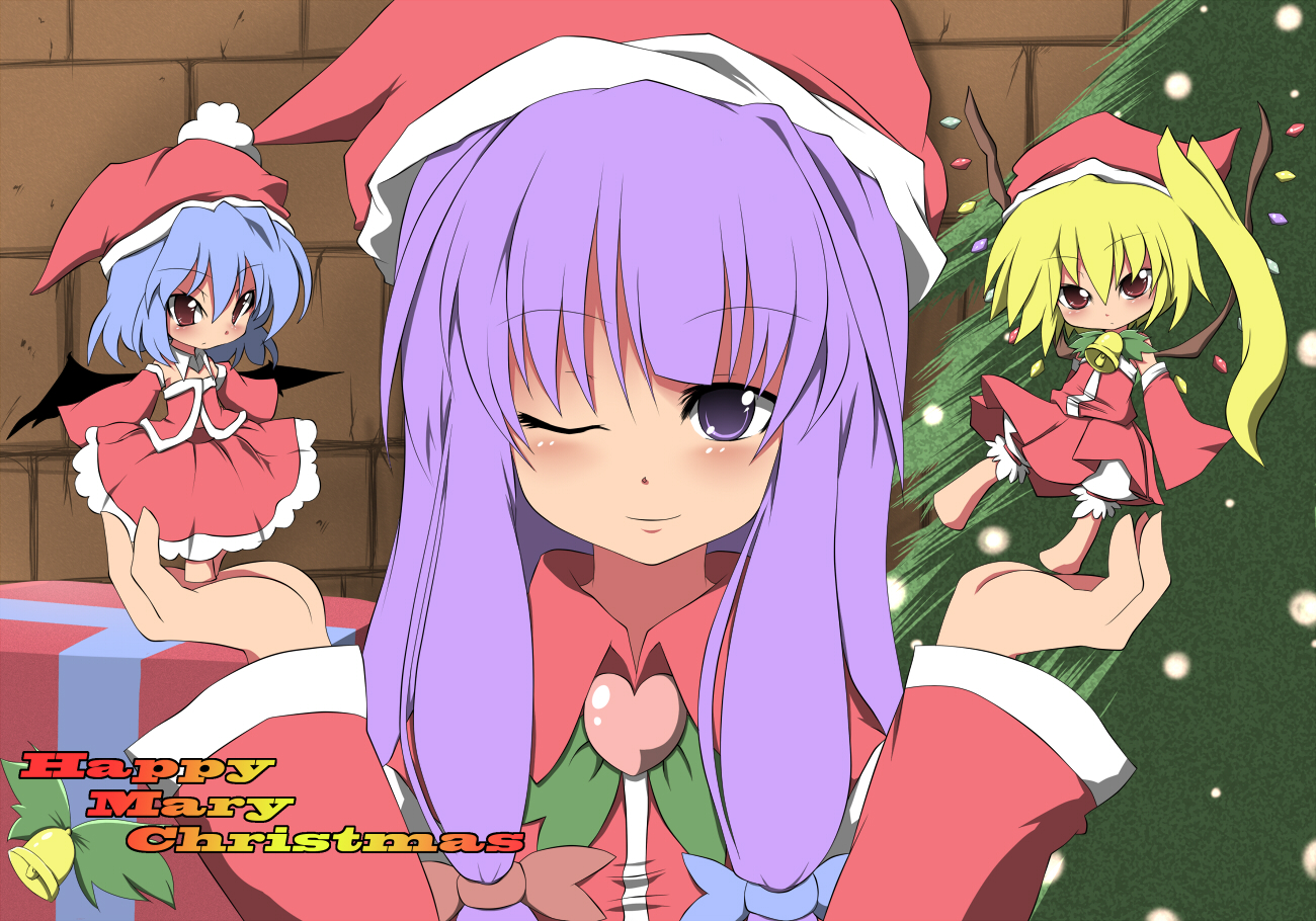 noa (nagareboshi), flandre scarlet, patchouli knowledge, remilia scarlet, embodiment of scarlet devil, touhou, 3girls, bat wings, blonde hair, blue hair, chibi, christmas, christmas tree, detached sleeves, english text, engrish text, female focus, hat, long hair, mini person, minigirl, multiple girls, one eye closed, ponytail, purple eyes, purple hair, ranguage, red eyes, santa costume, santa hat, short hair, side ponytail, wings, wink