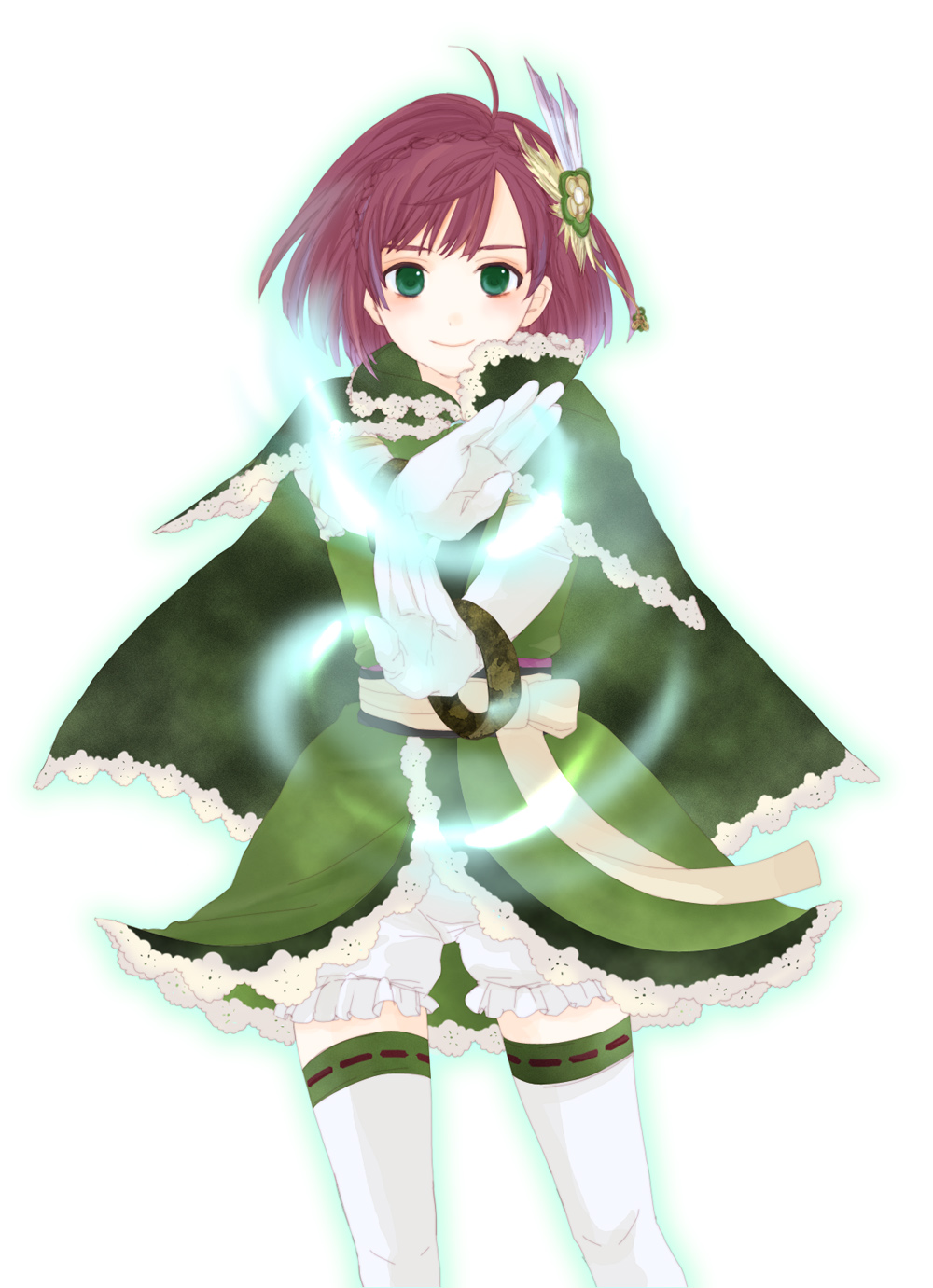 ichikawa (pixiv429120), gracia (sengoku musou), sengoku musou, sengoku musou 2, highres, 1girl, cape, female focus, gradient background, green eyes, hair ornament, red hair, short hair, solo, thighhighs, white background