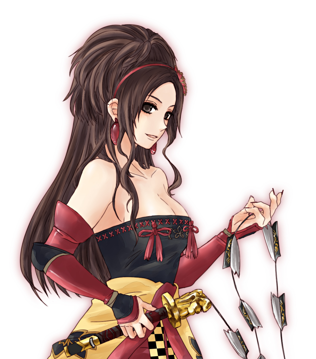 ichikawa (pixiv429120), kai (sengoku musou), sengoku musou, sengoku musou 3, highres, 1girl, bare shoulders, breasts, brown eyes, brown hair, cleavage, earrings, female focus, gauntlets, gradient background, hairband, jewelry, long hair, solo, sword, weapon, white background