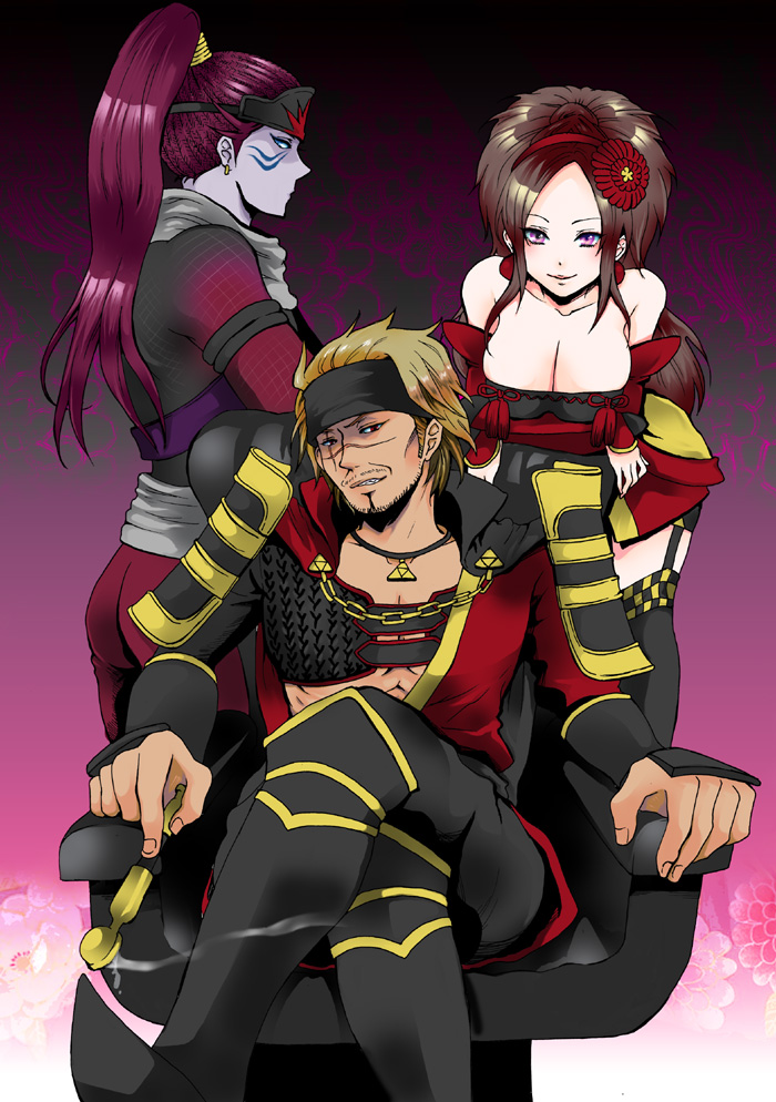 mothika, fuma kotaro (sengoku musou), hojo ujiyasu (sengoku musou), kai (sengoku musou), sengoku musou, sengoku musou 3, armor, bare shoulders, blonde hair, breasts, brown hair, chain, cleavage, colored skin, crossed legs, earrings, facial hair, hairband, headband, jewelry, large breasts, leaning forward, long hair, necklace, ponytail, purple eyes, purple skin, red eyes, red hair, scar, short hair, sitting, thighhighs