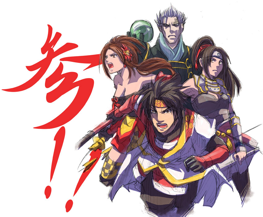 go onji, ina (sengoku musou), kai (sengoku musou), kuroda kanbei (sengoku musou), sanada yukimura (sengoku musou), sengoku musou, sengoku musou 3, bare shoulders, black hair, bow (weapon), brown eyes, brown hair, grey hair, headband, long hair, open mouth, short hair, thighhighs, weapon