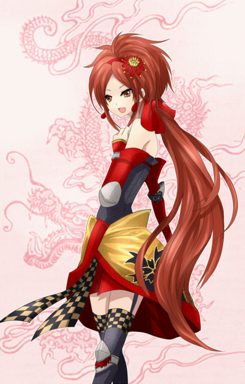yjyj (pixiv460525), kai (sengoku musou), sengoku musou, sengoku musou 3, 1girl, bare shoulders, brown eyes, earrings, female focus, gauntlets, hairband, jewelry, long hair, open mouth, red hair, solo, thighhighs, very long hair