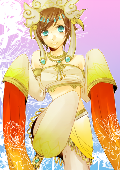 logicon, fashi sanzang, musou orochi, musou orochi 2, 1girl, baggy pants, bare shoulders, brown hair, detached sleeves, female focus, gradient background, green eyes, hat, jewelry, necklace, pants, short hair, solo, strapless, tube top