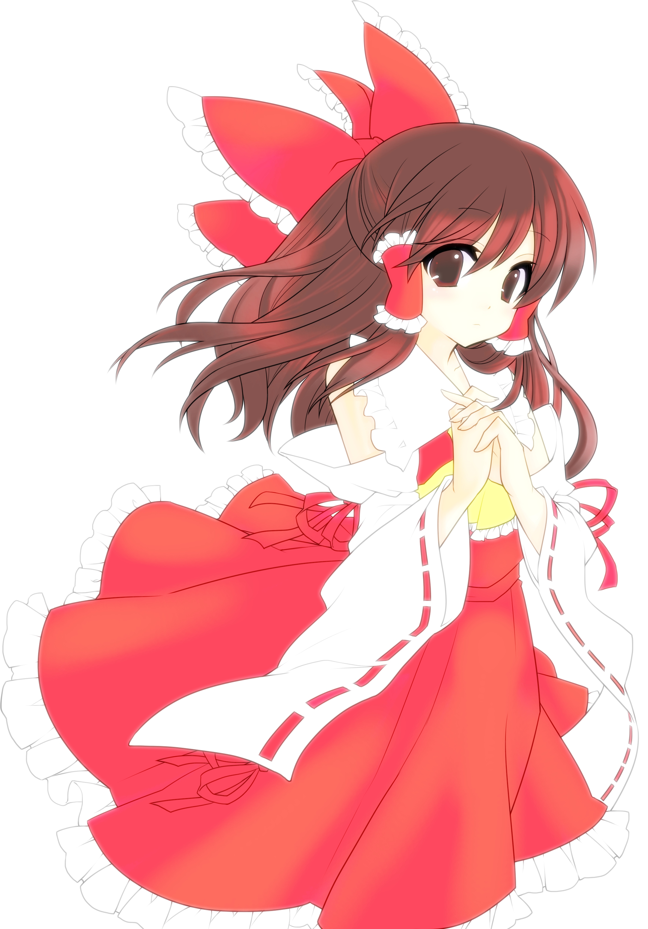 hadurin (zdmzy), masaru.jp, zdmzy (pixiv), hakurei reimu, touhou, absurdres, bad id, bad pixiv id, colorized, highres, 1girl, ascot, blush, bow, brown eyes, brown hair, detached sleeves, female focus, hair bow, half updo, japanese clothes, miko, own hands clasped, own hands together, solo, yellow ascot