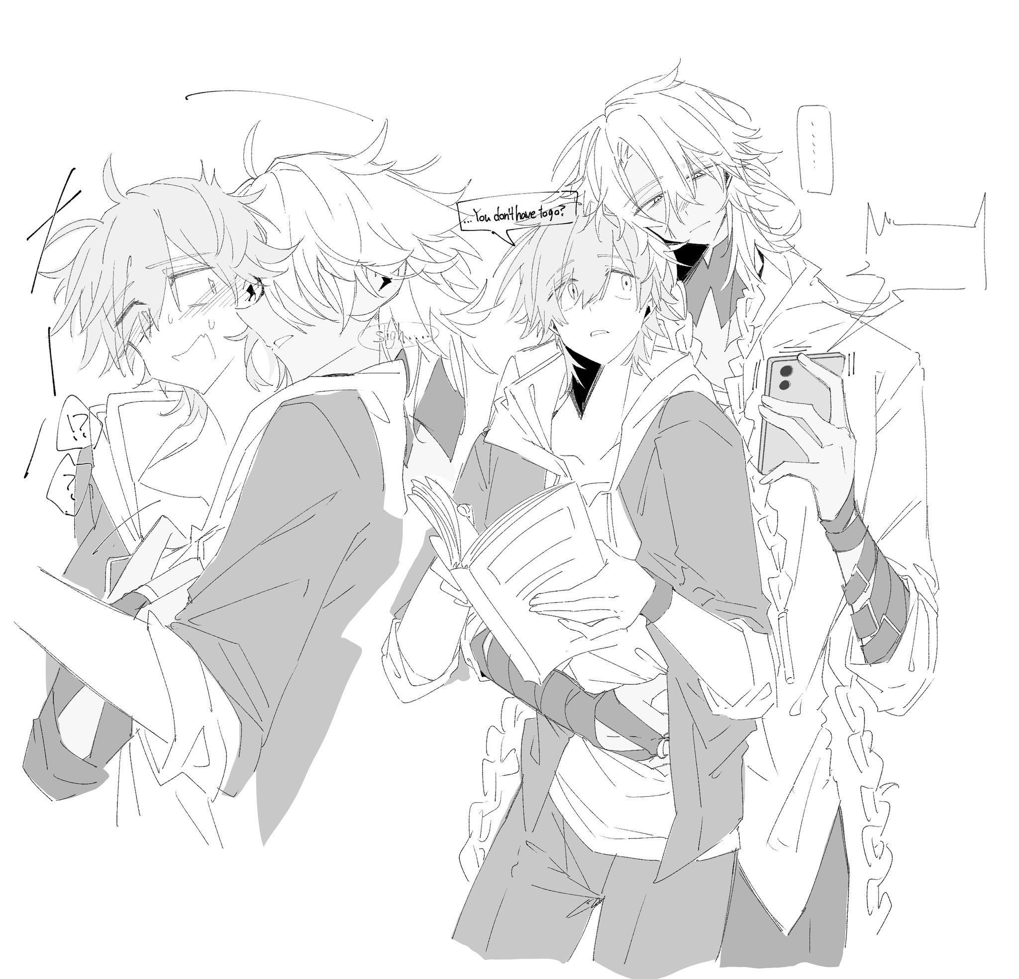 hki 8b, caelus (honkai: star rail), caelus (world tour 2023) (honkai: star rail), nanook (honkai: star rail), trailblazer (honkai: star rail), honkai: star rail, honkai (series), highres, …, 1boy, 1other, alternate costume, belt, blush, book, braid, cellphone, closed mouth, collared shirt, covered eyes, cowboy shot, dark skin, detached collar, english text, fingernails, greyscale, hair between eyes, hair ornament, hair over eyes, hair tubes, half-closed eyes, hand around waist, hand up, hands up, holding, holding book, holding phone, hood, hoodie, jacket, jewelry, lapels, long hair, long sleeves, looking at another, looking at phone, monochrome, multiple braids, multiple views, official alternate costume, open book, open clothes, open jacket, open mouth, other with male, pants, phone, puffy long sleeves, puffy sleeves, ring, scar, scar on face, shirt, short hair, simple background, smartphone, smile, speech bubble, spoken ellipsis, standing, sweatdrop, teeth, trembling, upper body, wing collar, wristband