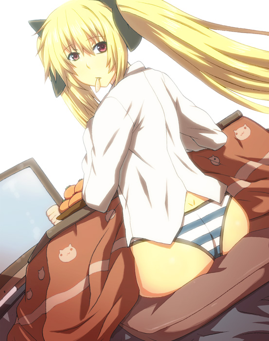 fujii toshiaki, fate testarossa, lyrical nanoha, mahou shoujo lyrical nanoha, bad id, bad pixiv id, 00s, 1girl, ass, blonde hair, dimples of venus, female focus, food, kotatsu, long hair, looking back, panties, red eyes, solo, striped clothes, striped panties, table, twintails, underwear