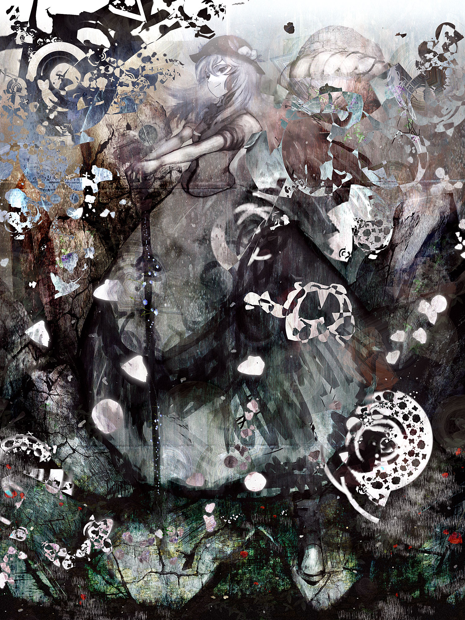 cong1991, hinanawi tenshi, touhou, bad id, bad pixiv id, highres, 1girl, abstract, female focus, food, fruit, hat, long hair, peach, solo, sword, weapon