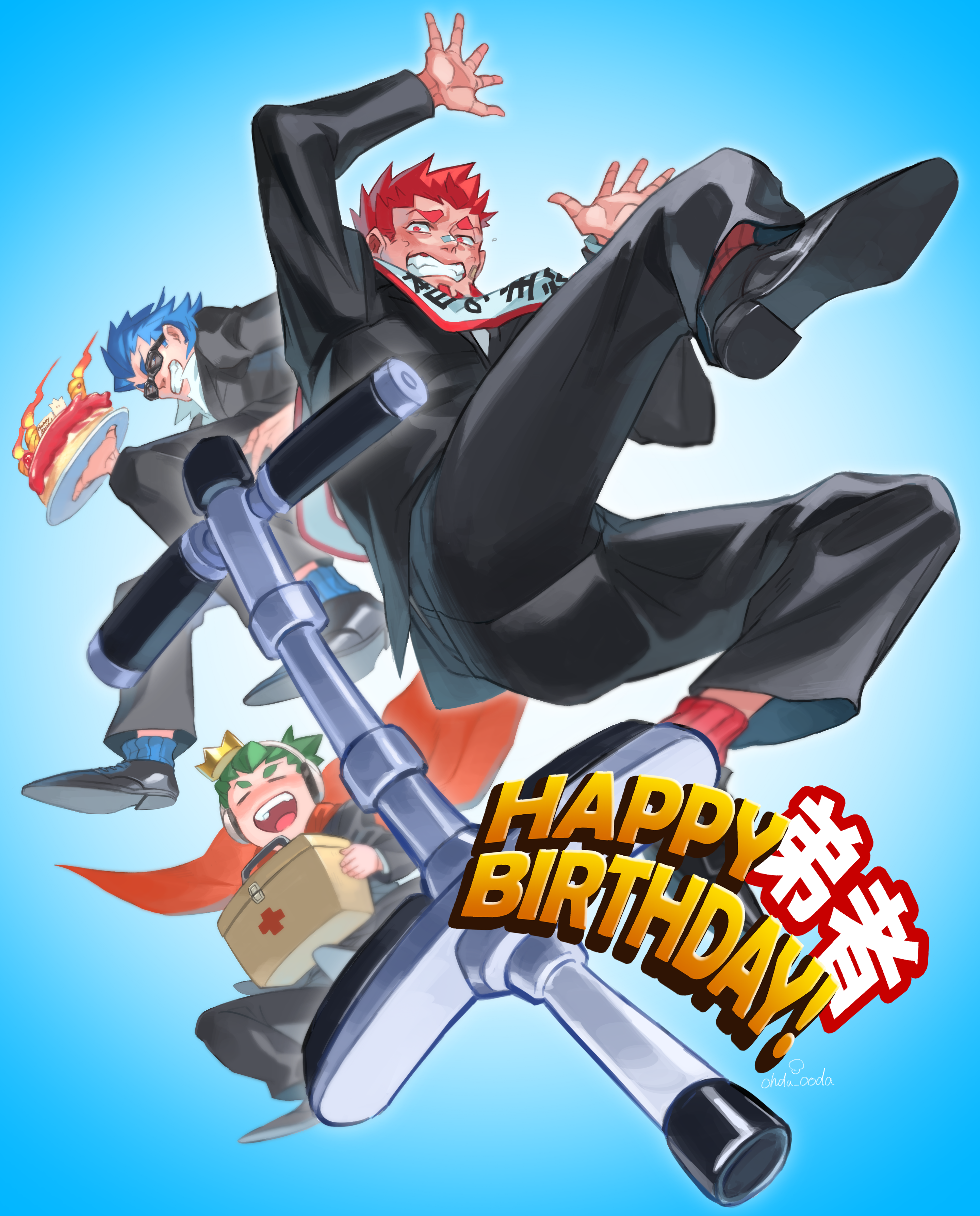 2bro., saida (ohda ooda), otsuichi (2bro.), absurdres, commentary request, highres, 3boys, anija (2bro.), beard, black jacket, black pants, blue background, blue hair, cake, cape, facial hair, first aid kit, food, green hair, happy birthday, jacket, male focus, multiple boys, open mouth, orange hair, otoja (2bro.), pants, pogo stick, red cape, short hair, sunglasses