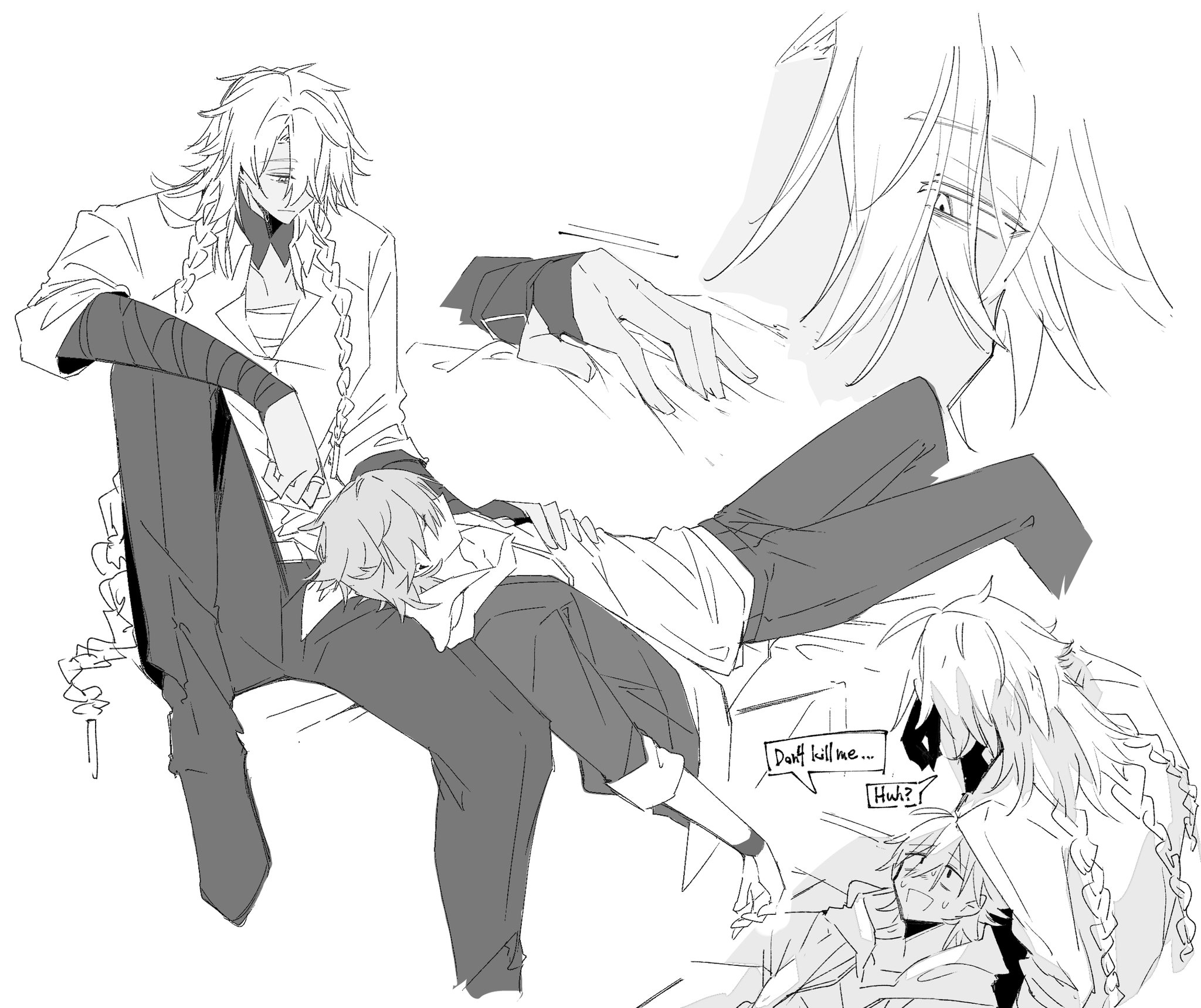 hki 8b, caelus (honkai: star rail), caelus (world tour 2023) (honkai: star rail), nanook (honkai: star rail), trailblazer (honkai: star rail), honkai: star rail, honkai (series), highres, 1boy, 1other, ahoge, alternate costume, belt, braid, closed eyes, closed mouth, collarbone, collared shirt, couch, dark skin, detached collar, english text, eyes visible through hair, feet out of frame, fingernails, from behind, greyscale, hair between eyes, hair ornament, hair tubes, half-closed eyes, hand on another's chest, hood, hoodie, jacket, lapels, long hair, long sleeves, looking at another, looking down, looking up, lying, monochrome, multiple braids, multiple views, nervous, nervous smile, nervous sweating, official alternate costume, on back, on couch, on lap, open clothes, open jacket, open mouth, other with male, pants, puffy long sleeves, puffy sleeves, sarashi, scar, scar on face, shirt, shoes, short hair, simple background, sitting, sleeping, smile, speech bubble, spread legs, sweat, wing collar, wristband