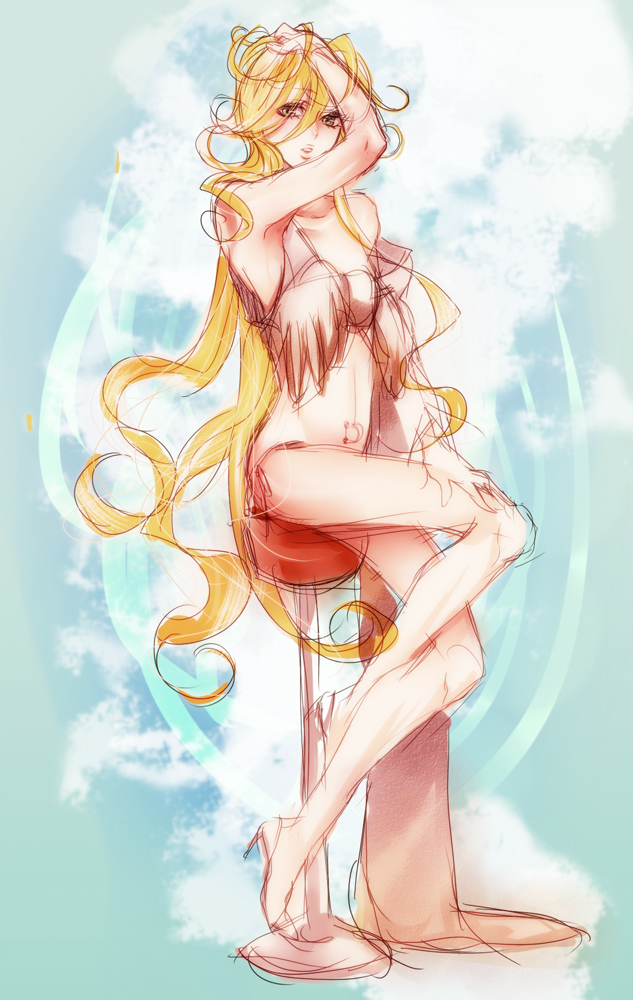 benten (zone-00), zone-00, gender request, blonde hair, crossdressing, high heels, long hair, looking at viewer, male focus, shoes, solo, trap