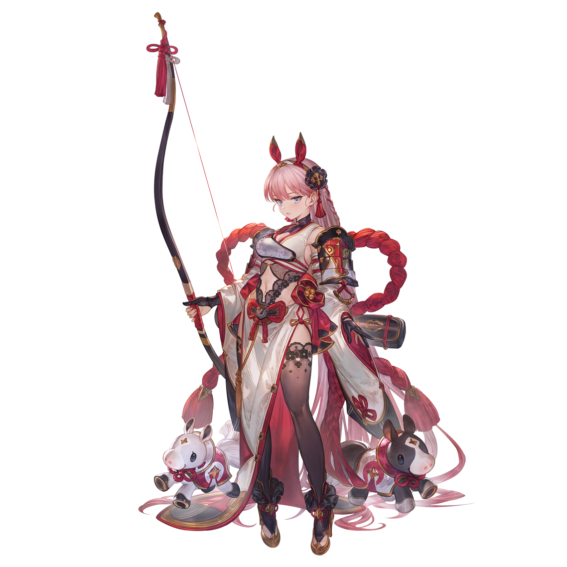 minaba hideo, granblue fantasy, official art, 1girl, archery shooting glove, blue eyes, bow, gloves, hairband, high heels, horse, kurokko (granblue fantasy), lace, long hair, looking at viewer, muneate, navel, partially fingerless gloves, pink hair, rope, sandira (granblue fantasy), shimenawa, shirokko (granblue fantasy), solo, thighhighs, very long hair, yumi (bow)