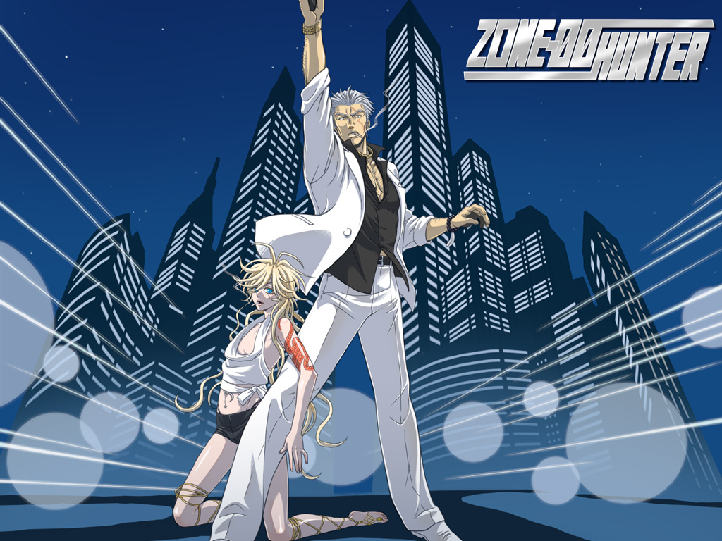 benten (zone-00), murakumo, city hunter, zone-00, 2boys, barefoot, belt, black belt, black shirt, blazer, blonde hair, blouse, blue eyes, building, cigarette, city, crossdressing, crossdressing (mtf), emphasis lines, facing viewer, jacket, kneeling, looking at viewer, male focus, midriff, multiple boys, night, outdoors, pants, parody, shirt, short shorts, shorts, sky, skyscraper, smoking, standing, star (sky), starry sky, trap, white blazer, white pants