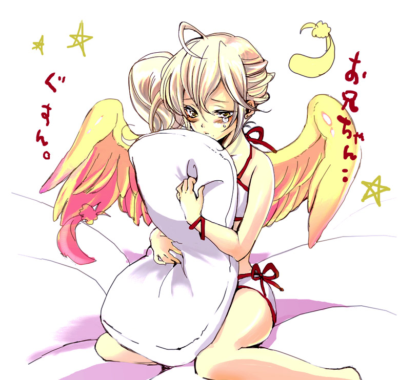 benio, zone-00, blonde hair, blush, crossdressing, male focus, pillow, ponytail, side ponytail, sitting, tears, trap, wings, yellow eyes