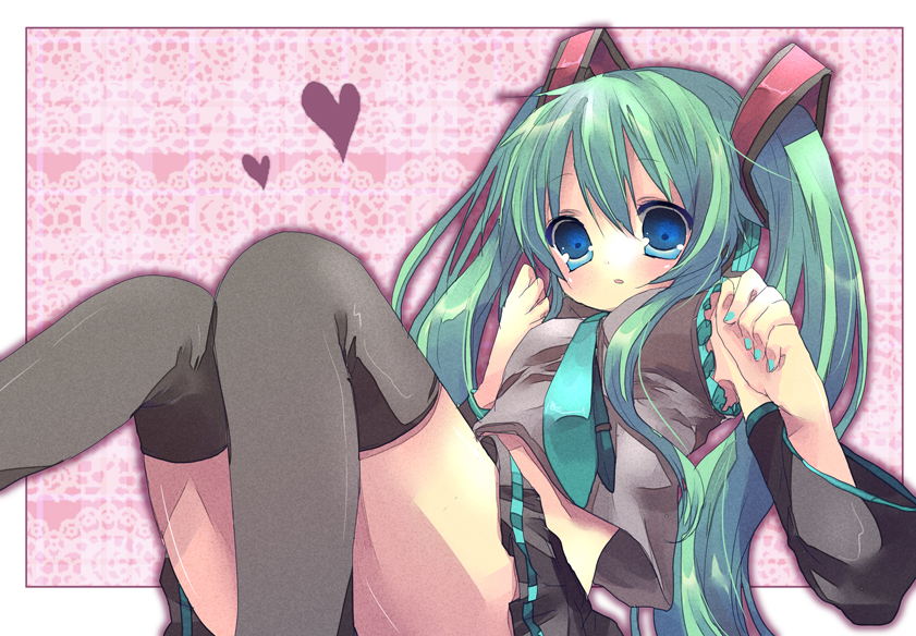kosuzume, hatsune miku, vocaloid, bad id, bad pixiv id, 1girl, aqua eyes, aqua hair, female focus, long hair, solo, thighhighs, twintails, zettai ryouiki