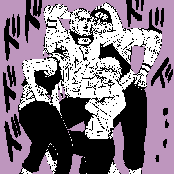 tsun, deidara (naruto), hidan (naruto), kakuzu (naruto), sasori (naruto), jojo no kimyou na bouken, naruto (series), naruto shippuuden, akatsuki (naruto), parody, style parody