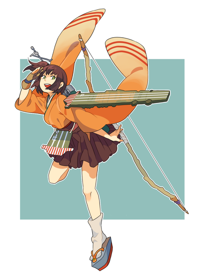 emu (eomou), hiryuu (kancolle), kantai collection, commentary, 1girl, bow (weapon), breasts, brown gloves, brown hair, brown hakama, gloves, green eyes, hakama, hakama skirt, holding, holding bow (weapon), holding weapon, japanese clothes, kimono, open mouth, orange kimono, partially fingerless gloves, partly fingerless gloves, quiver, rigging, short hair, side ponytail, simple background, single glove, skirt, solo, tabi, two-tone background, weapon, wide sleeves, yugake