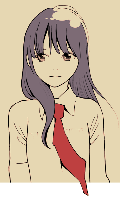 shimura takako, chiba saori, hourou musuko, official art, 1girl, black hair, dress shirt, female focus, long hair, necktie, shirt, simple background, solo, upper body, yellow background