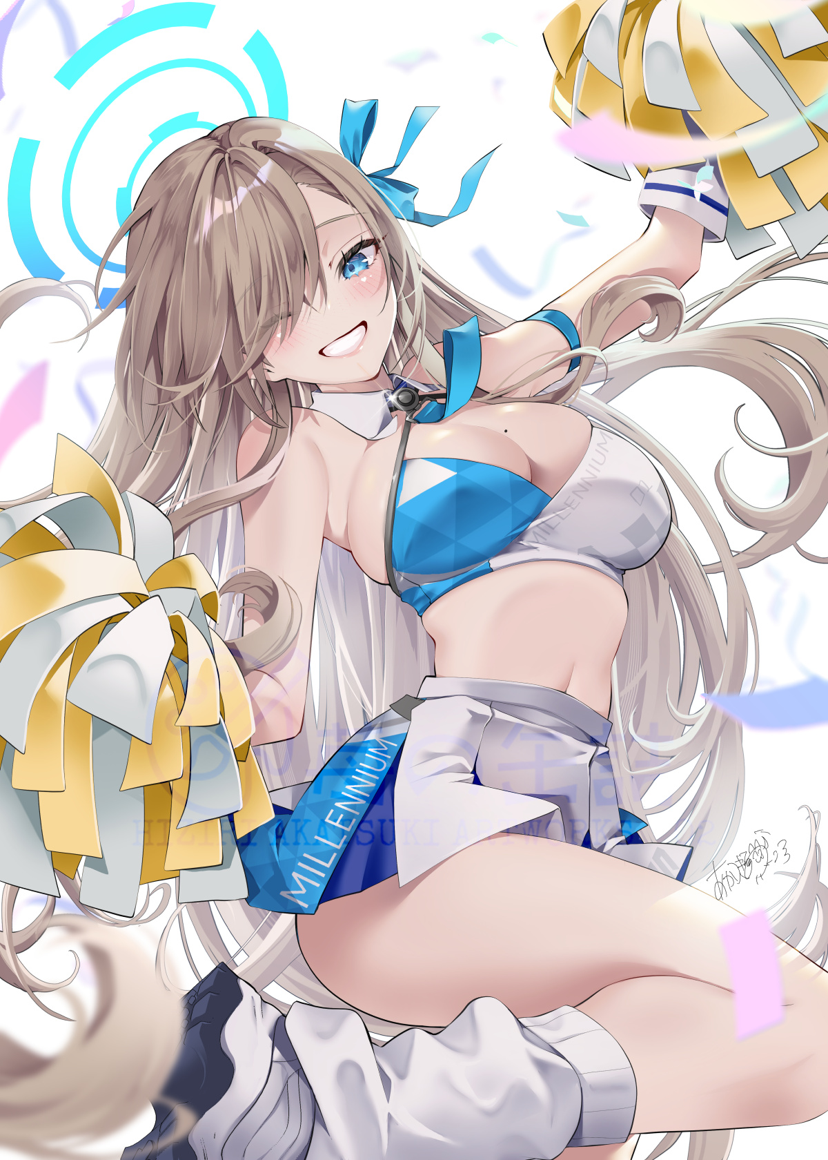 akatsuki hijiri, asuna (blue archive), blue archive, commentary request, highres, 1girl, bare shoulders, blue eyes, blush, breasts, brown hair, cleavage, grin, hair over one eye, halo, holding, holding pom poms, large breasts, long hair, looking at viewer, millennium cheerleader outfit (blue archive), navel, pom pom (cheerleading), pom poms, skirt, smile, solo