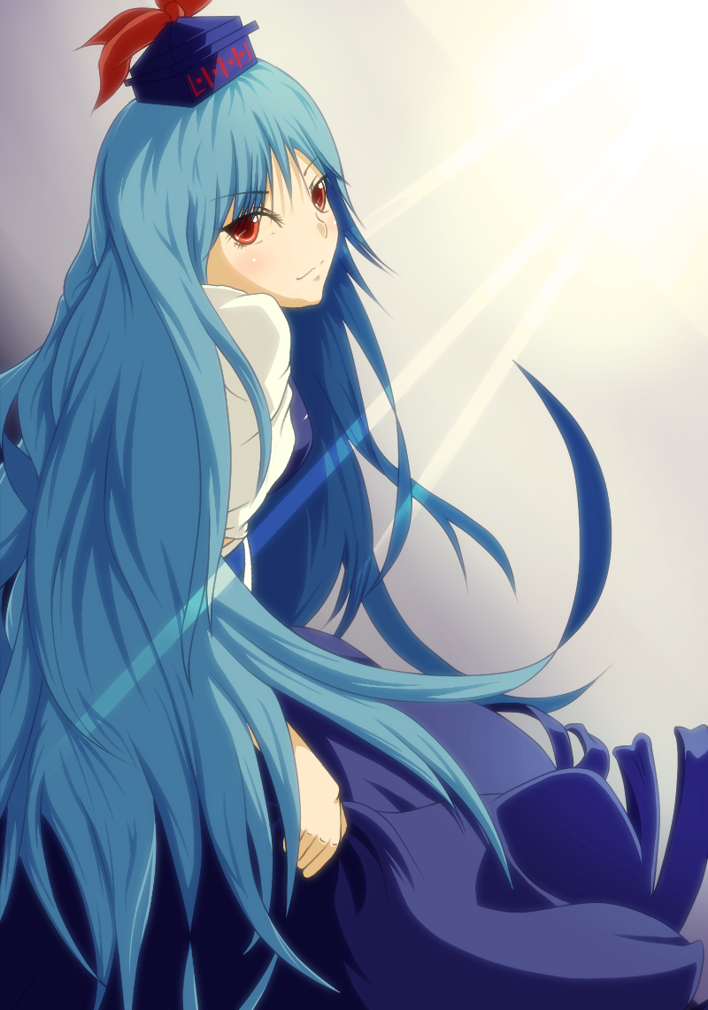 monasuke, kamishirasawa keine, touhou, bad id, bad pixiv id, 1girl, blue hair, female focus, gradient background, long hair, red eyes, solo