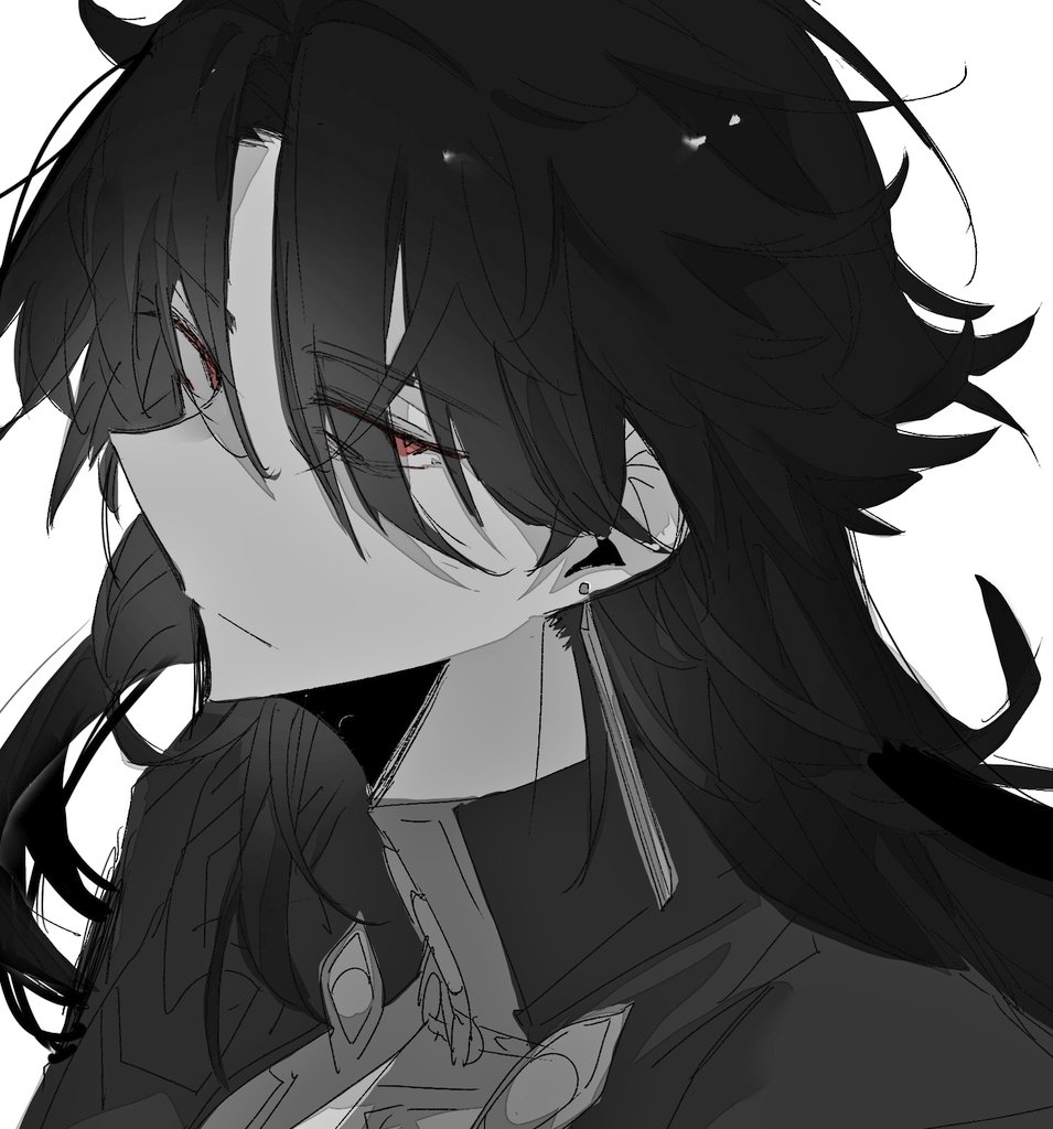 hki 8b, blade (honkai: star rail), honkai: star rail, honkai (series), 1boy, chinese clothes, closed mouth, coat, earrings, empty eyes, eyes visible through hair, greyscale, hair between eyes, half-closed eyes, jewelry, long hair, looking at viewer, male focus, mandarin collar, monochrome, red eyes, simple background, single earring, solo, tassel, tassel earrings, upper body