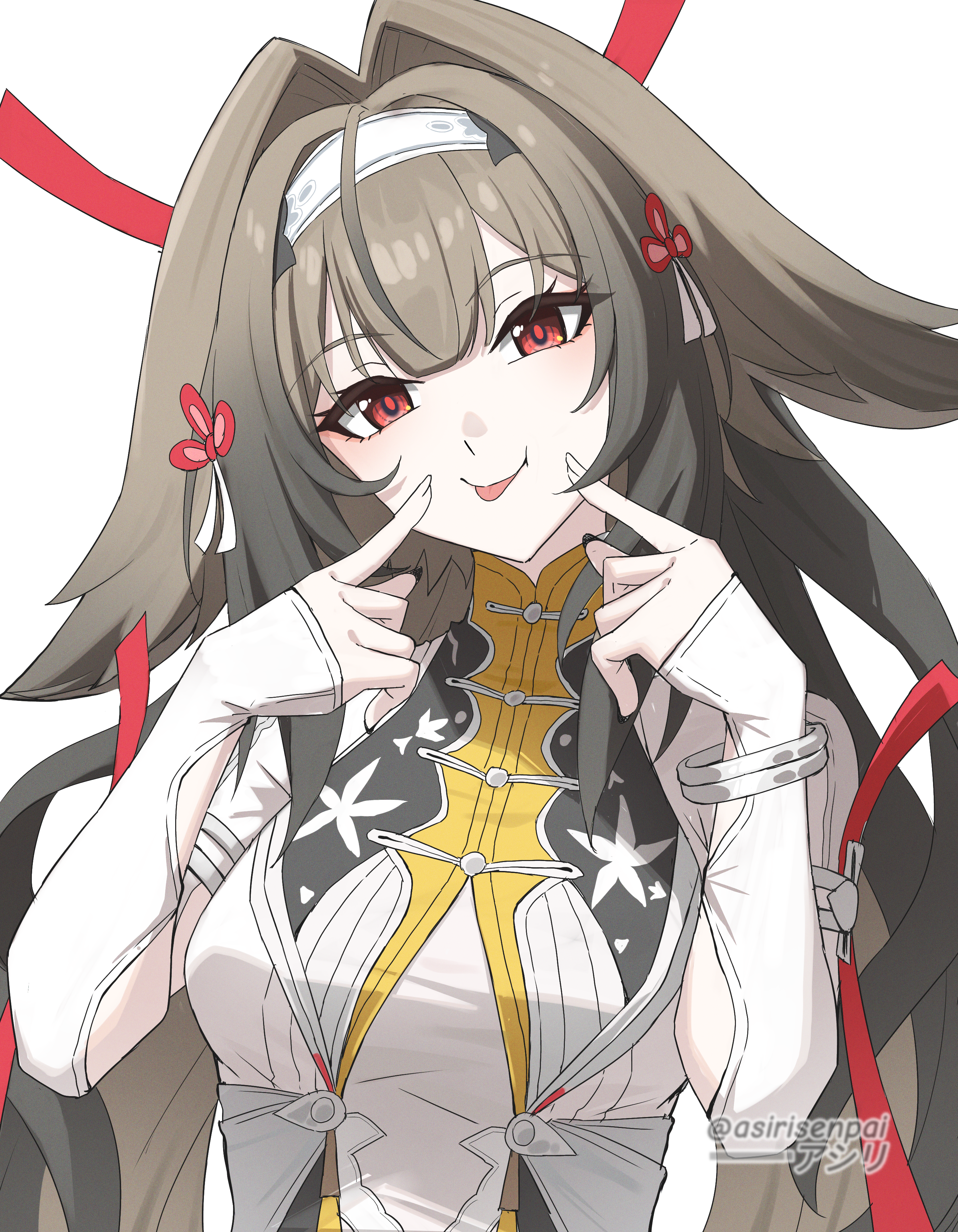 asiri senpai, ye shunguang, zenless zone zero, absurdres, commentary, highres, 1girl, :p, adapted costume, breasts, brown hair, closed mouth, finger to face, fingernails, gradient hair, hair flaps, hair intakes, hair ornament, hairband, long hair, long sleeves, looking at viewer, medium breasts, multicolored hair, red eyes, red pupils, simple background, smile, solo, tongue, tongue out, twitter username, upper body, white background, white hairband