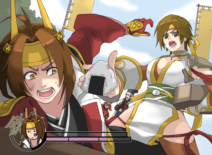 tomo (pixiv586511), ishida mitsunari (sengoku musou), nene (sengoku musou), sengoku musou, sengoku musou 2, brown eyes, brown hair, choker, couple, crown, fake screenshot, headband, open mouth, rice, short hair, shoulder pads