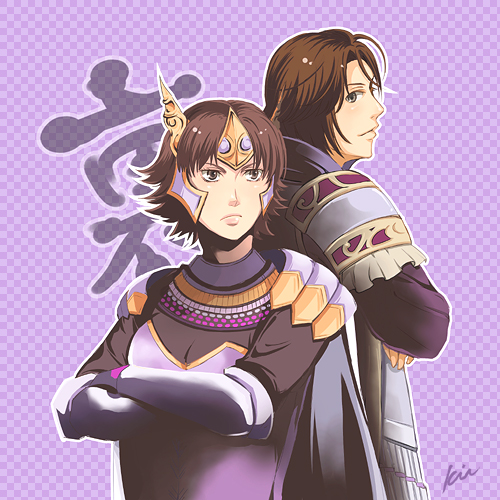hiyori kei, tachibana ginchiyo (sengoku musou), tachibana muneshige (sengoku musou), sengoku musou, sengoku musou 2, lowres, 1boy, 1girl, armor, brown eyes, brown hair, cape, couple, crossed arms, crown, short hair