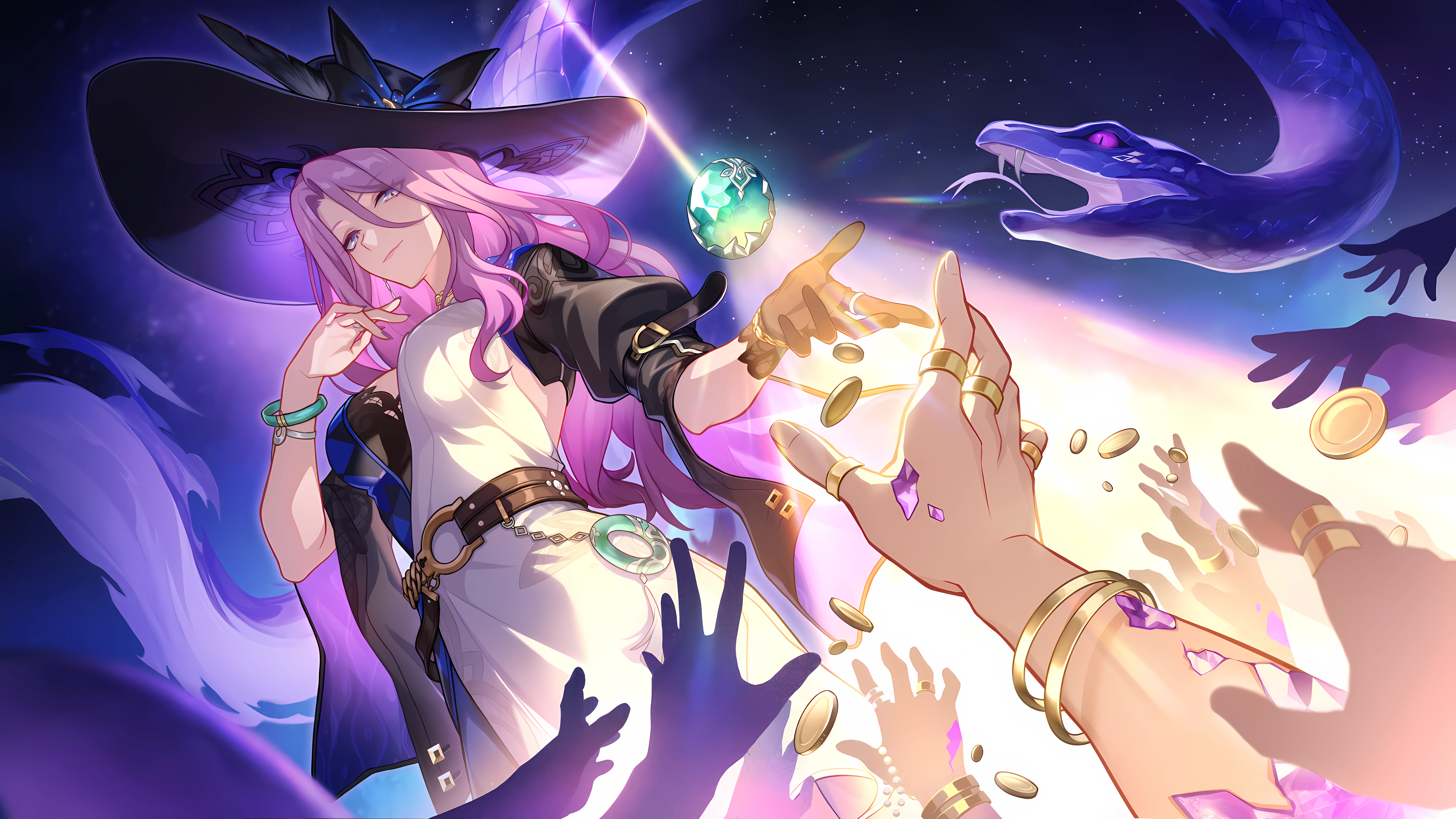 jade (honkai: star rail), honkai: star rail, honkai (series), absurdres, bad link, game cg, highres, official art, 1girl, 6+others, arm belt, belt, black belt, black dress, black gloves, black hat, bracelet, breasts, coin, cracked skin, dress, gloves, gold coin, hair between eyes, hat, jade (gemstone), jewelry, large breasts, long hair, looking at viewer, multiple others, purple eyes, purple hair, ring, smile, snake, sun hat, white dress