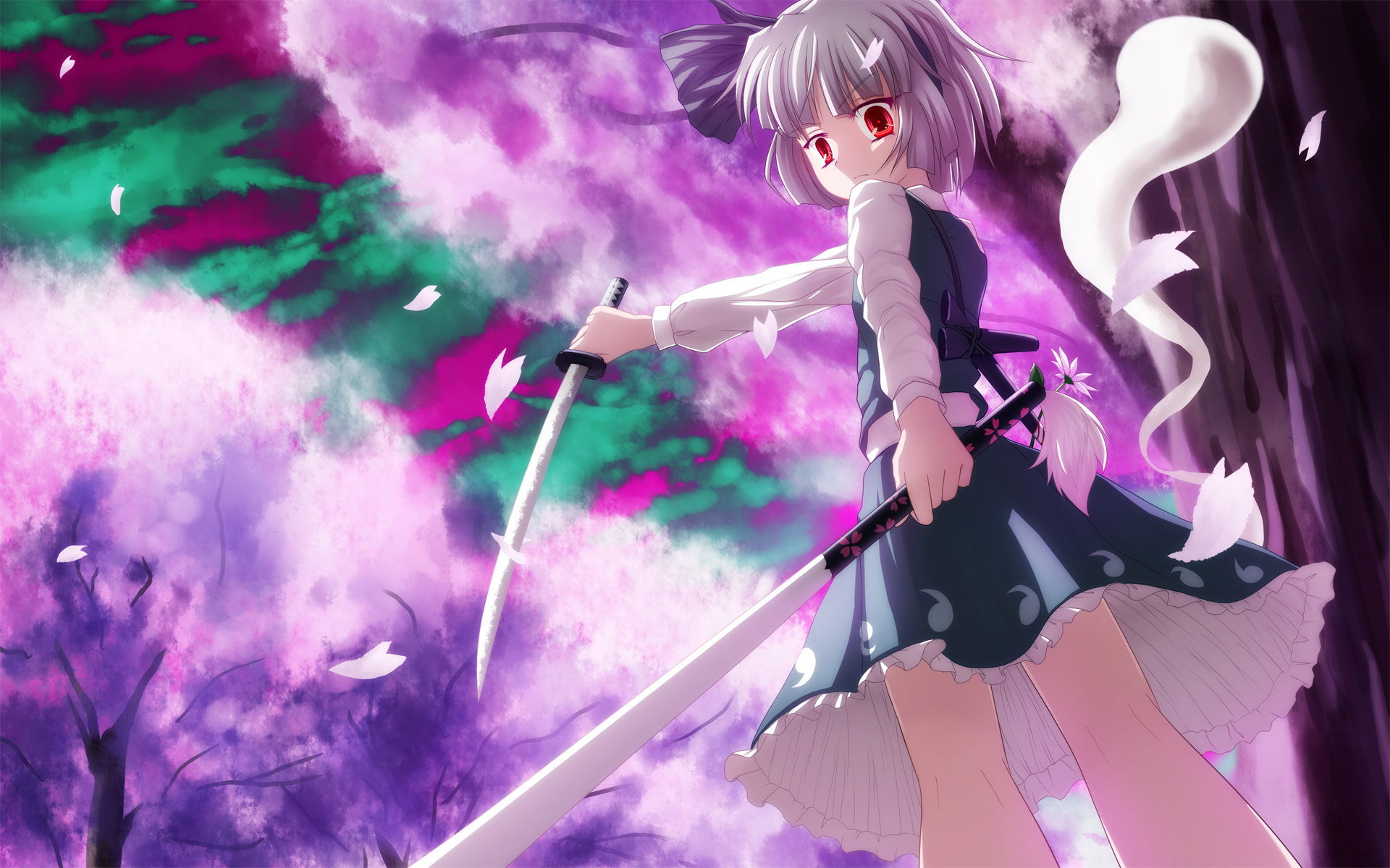 mille, konpaku youmu, konpaku youmu (ghost), touhou, silver hair, highres, 1girl, dual wielding, female focus, ghost, hairband, holding, katana, red eyes, short hair, solo, sword, weapon